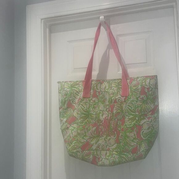 Lilly Pulitzer beach bag cooler with handles tropical print lime green and pink - Picture 2 of 10